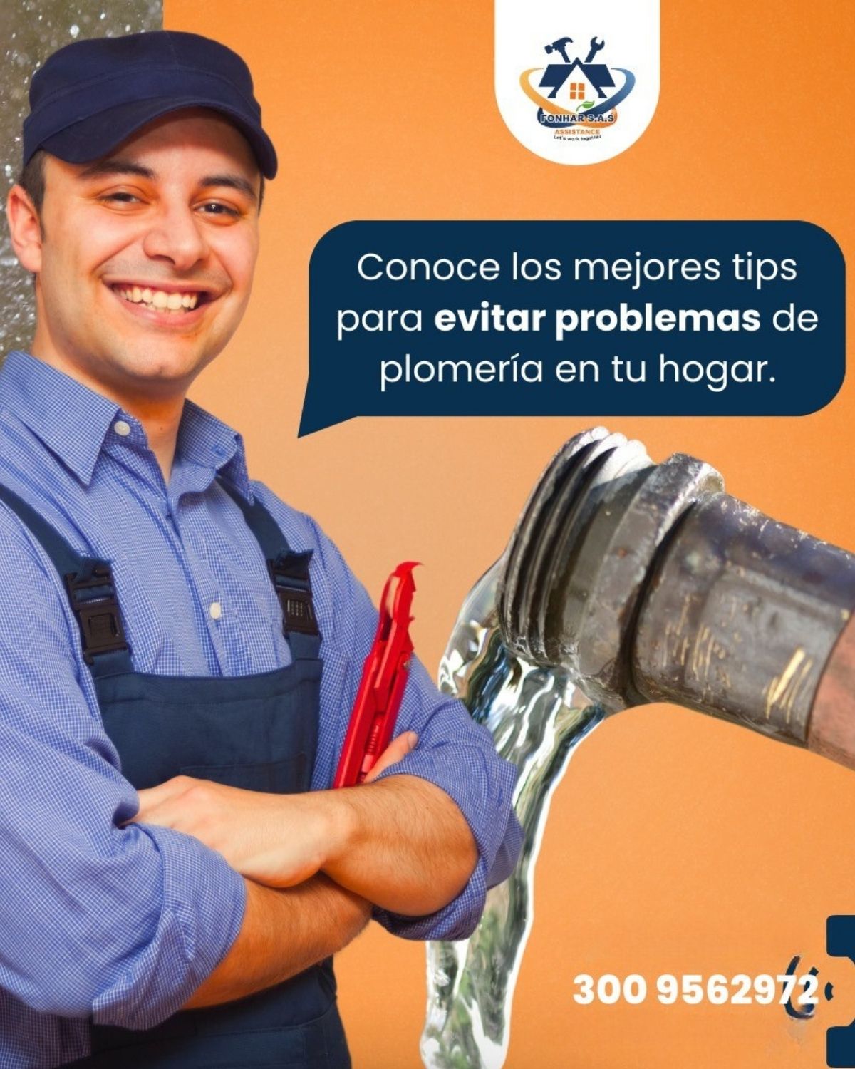 Técnico de Fonhar junto a una tubería con fuga de agua