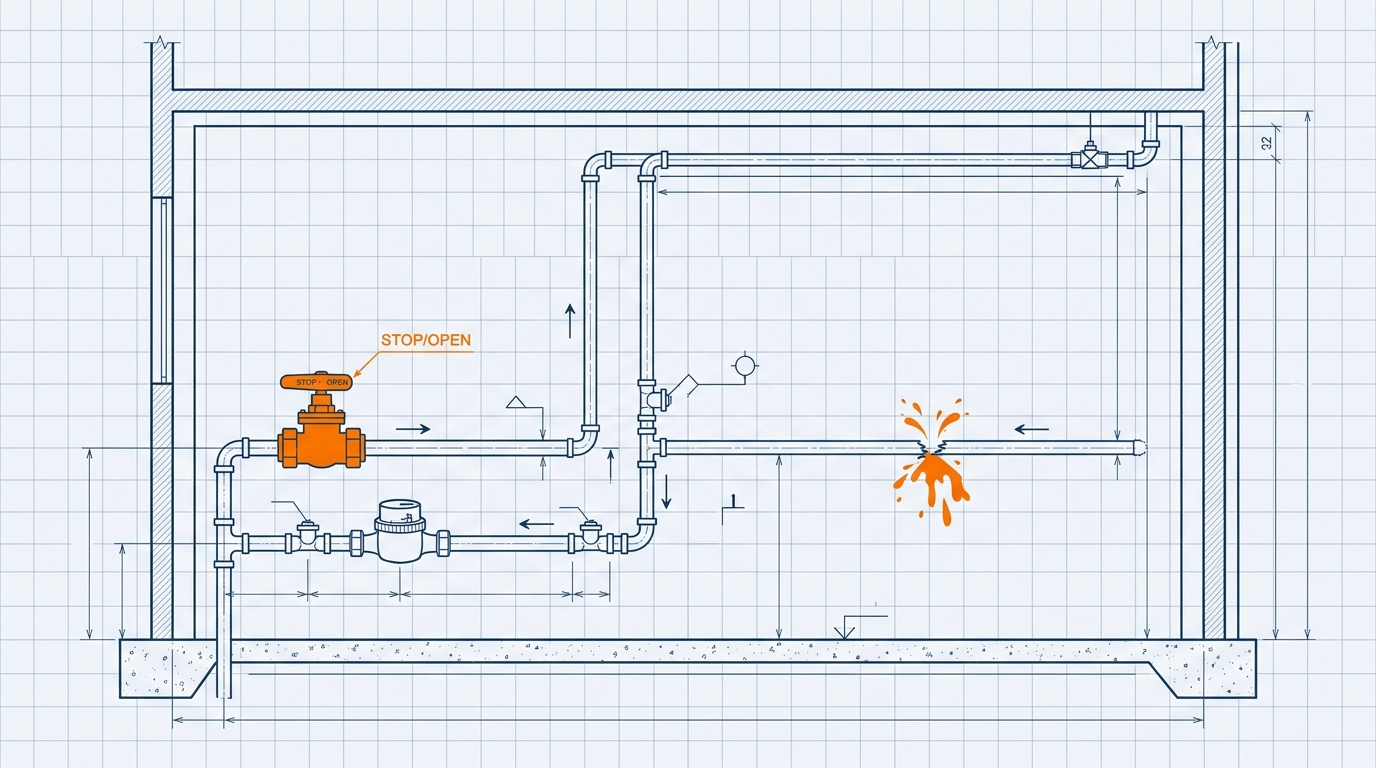 Diagrama de un cuarto de ropas que señala la ubicación de la llave de paso del agua y un punto de rotura en la tubería