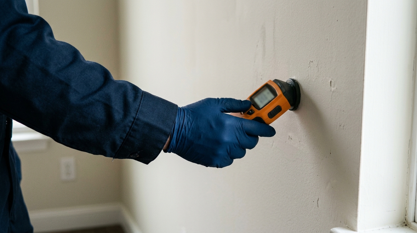 Técnico midiendo la humedad de un muro interior durante un diagnóstico de hogar en Bogotá
