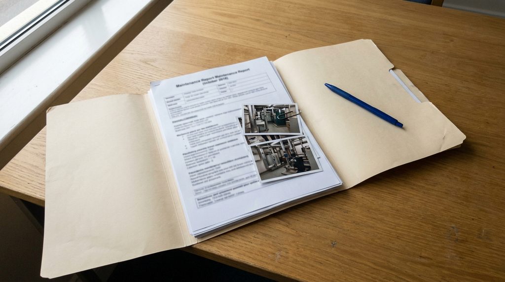 Carpeta con el informe de mantenimiento y el registro fotográfico sobre el escritorio de la administración.