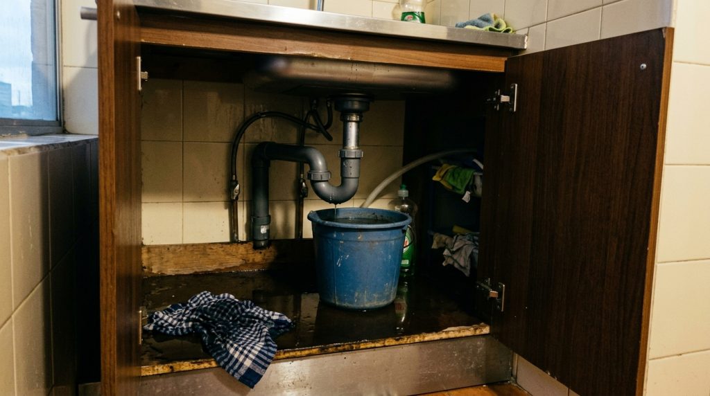 Agua acumulada bajo el lavaplatos de una cocina en Bogotá, el daño típico por el que se llama a un plomero.