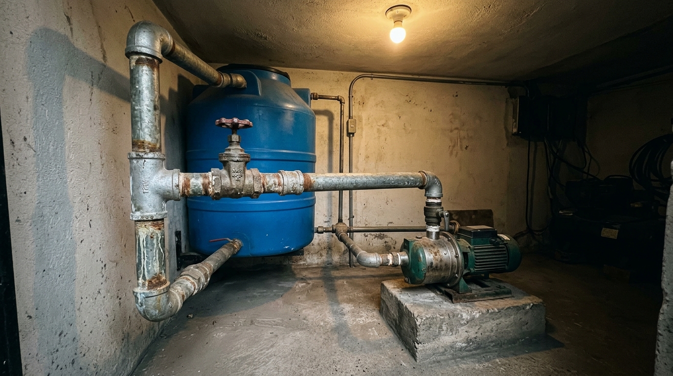 Cuarto de máquinas de un edificio en Bogotá, con el tanque de agua y la tubería de entrada
