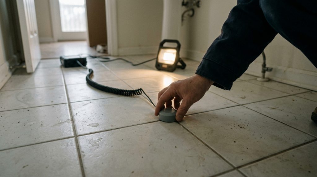 Técnico apoyando el sensor del geófono contra el piso de un baño para localizar una fuga sin romper.
