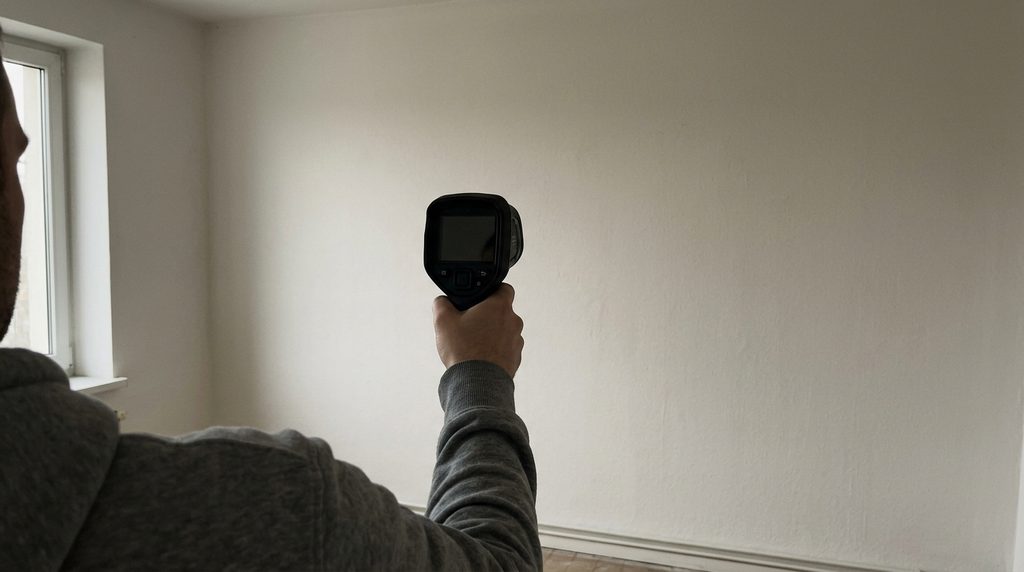 Cámara termográfica apuntando hacia un muro interior para localizar humedad sin
abrir la pared.
