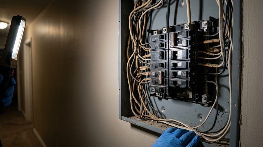 Caja de breakers abierta durante la revisión eléctrica de un diagnóstico de hogar.